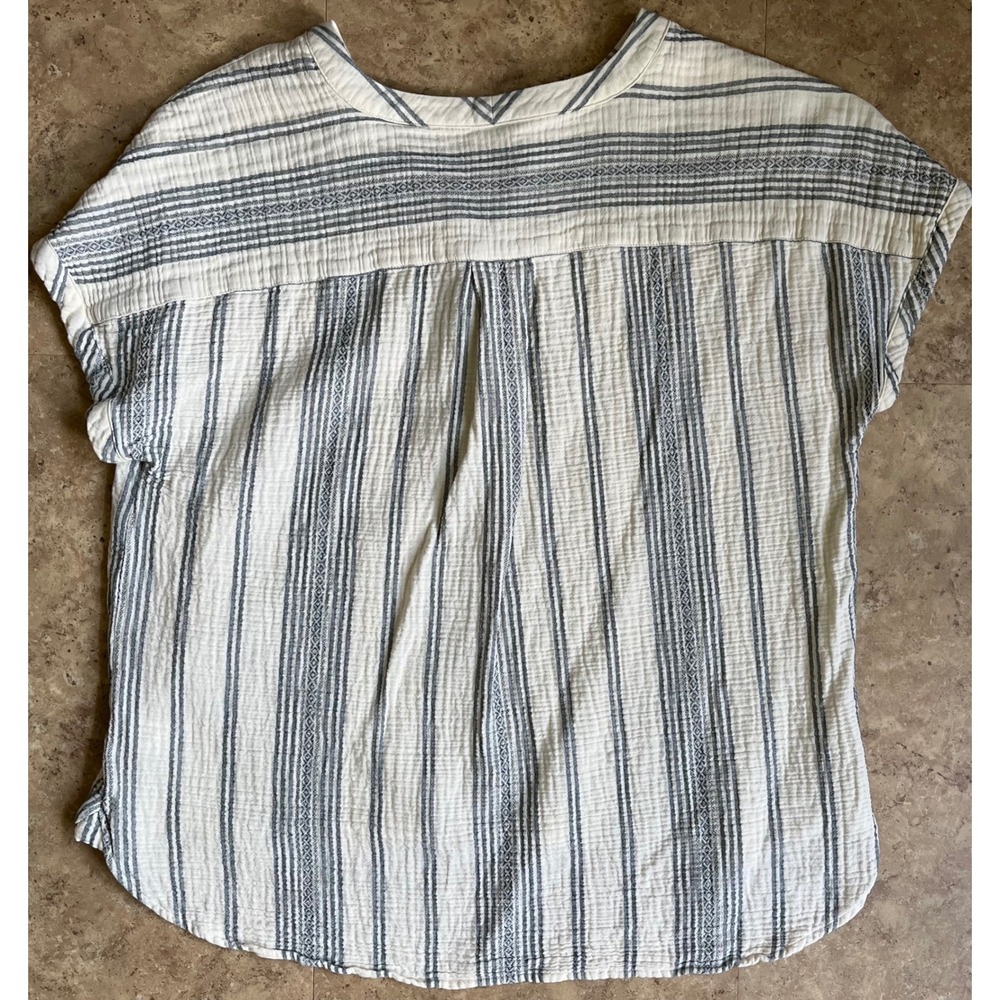 Faherty Womens Organic Cotton Gauze Henley Top Blue Cream Striped Blouse Large - Picture 3 of 8